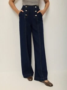 Poéselle 女式双排扣牛仔裤直筒蓝色牛仔裤女装波西米亚风夏季女式宽松牛仔裤低腰牛仔裤宽松女式牛仔裤复古下装夏季女式高腰牛仔裤女式牛仔裤，宽松牛仔裤 - 深色水洗藍 - 查看 8