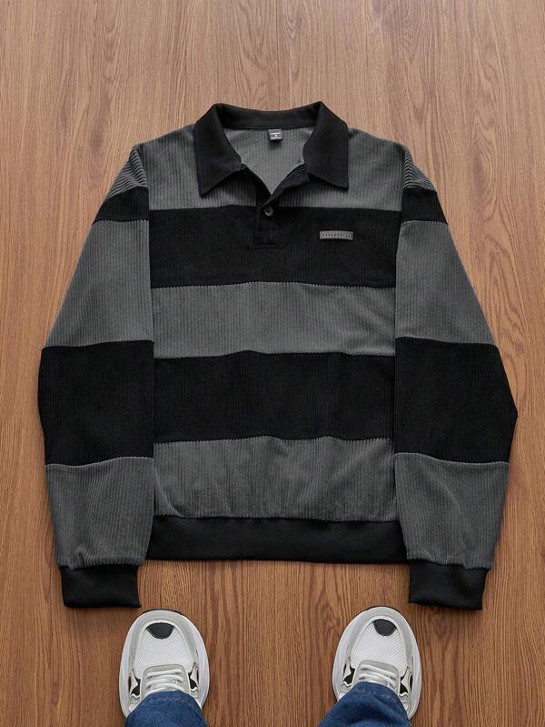 SWAVVY Men's Casual Knitted Loose Fit Long Sleeve Half Button Sweatshirt For Daily Wear, Going Out Letter Color Block Sweatshirt, For Friends, Husband, Boyfriend Gifts, For Fall, Winter