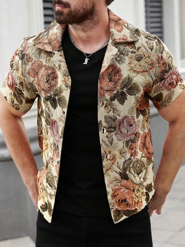 Manfinity LEGND Chaqueta minimalista de talla grande para hombres con estampado floral y detalles de botones delanteros de manga corta