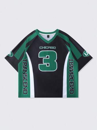 Prep Camiseta estilo jersey de fútbol deportivo para hombre, camiseta suelta de manga corta con parches de malla tipo jersey