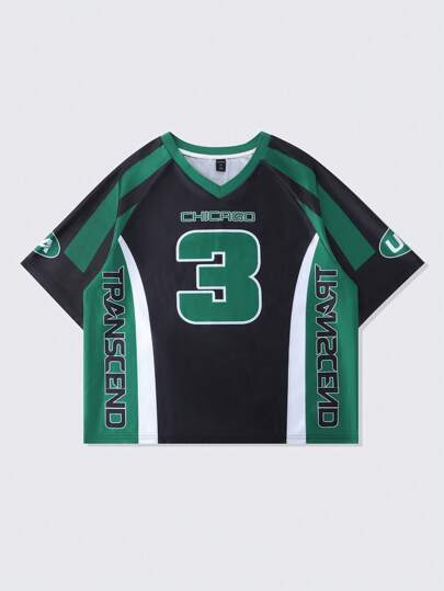 Prep Men's Jersey Sports Football Jersey Style T-Shirt, Short Sleeve Jersey Mesh Patchwork Loose Cropped Tee