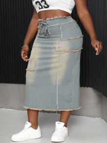 SHEIN CURVE+ Falda de mezclilla desgastada informal de talla grande - Azul - Ver 5