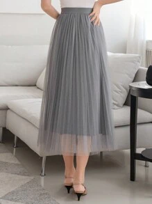 DAZY 女士亮片褶皱网纱弹力腰A字裙 - 藍色 - 查看 2