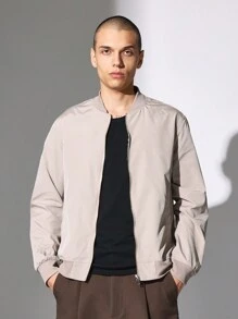 SUMWON Classic Lightweight Bomber Jacket All Season Baseball Style Zip Up Athletic Varsity Outerwear Ribbed Trim Casual Streetwear Essential - Khaki - View 2