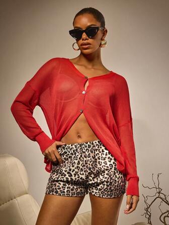 Athîral 女士休闲纯色透明落肩超大开衫