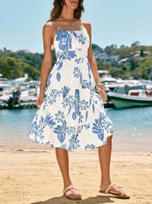 SHEIN VCAY 女士 A 字形休闲度假海滩蓝白吊带连衣裙 - 藍白色 - 查看 3