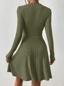 SHEIN Essnce Casual Solid Ribbed Knit Long Sleeve Dress, Autumn - Army Green - View 2