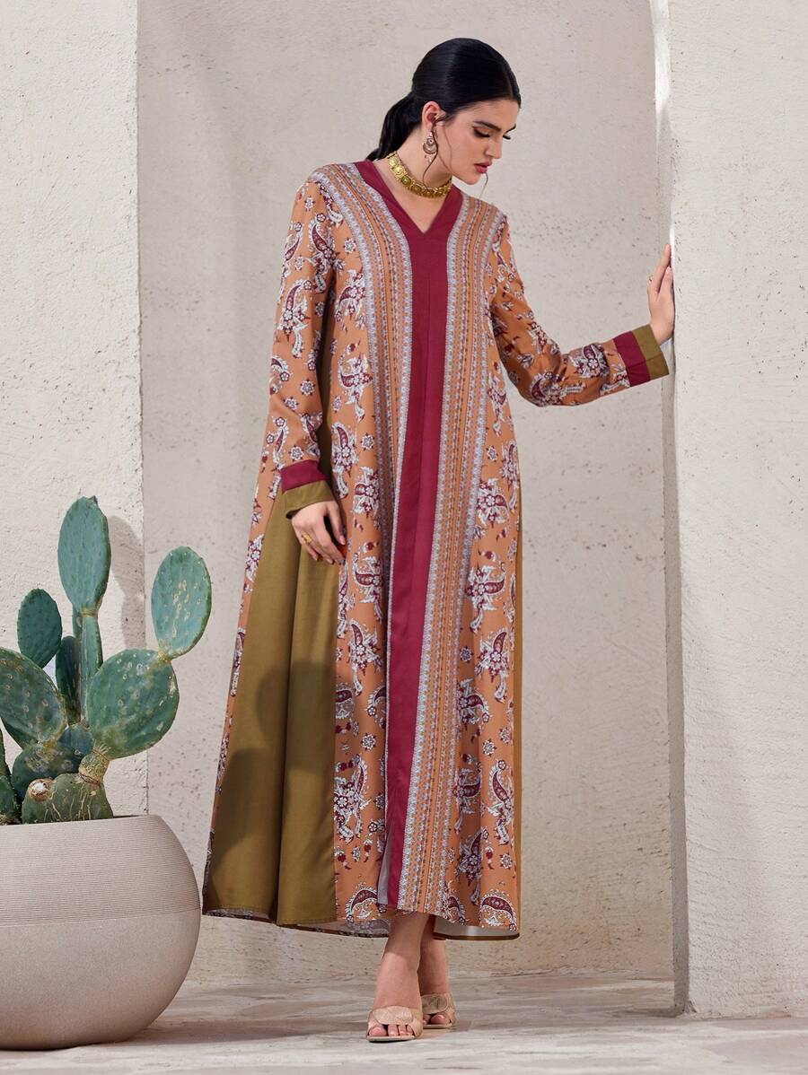 Al Najma Ramadhan Color Block Patchwork Long Arabian Dress Women's Turkish Maxi Dress & Arabian Traditional Abaya Kaftan Jalabiya Dress - Red - View 1