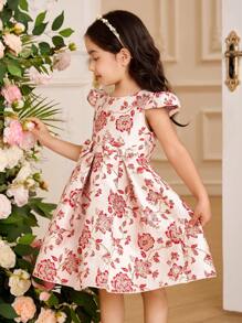 SHEIN Glamorique Kids 复活节花童、生日派对、婚礼礼服 - 女孩公主裙、短袖、前蝴蝶结、提花花卉图案、红色，适合特殊场合、舞台表演、派对、拍照 - 所有季节 - 紅色 - 查看 5