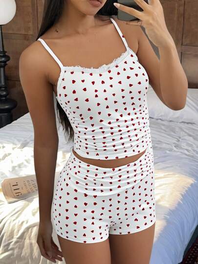 SHEIN Teen Girl Enfärgad spets Camisole & veckade shorts Slim Fit 2st/set, Casual Contrast Spets, Frill, Ruched Slim Fit Black Camisole Shorts Tvådelade outfits,Vår/sommar,Casual Daily Wear