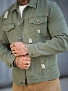 Manfinity Homme Men's Green Distressed Denim Jacket - Army Green - View 5