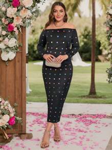 SHEIN Clasi Plus Size Women Heart Print Long Sleeve Off Shoulder Maxi Bodycon Dress, Elegant Party Spring Autumn, Suitable For New Year, Valentine's Day, Thanksgiving, Christmas, Easter, Gala, Christmas Eve, Fashion Show, Christmas Decoration, Christmas Pajamas - Black - View 3