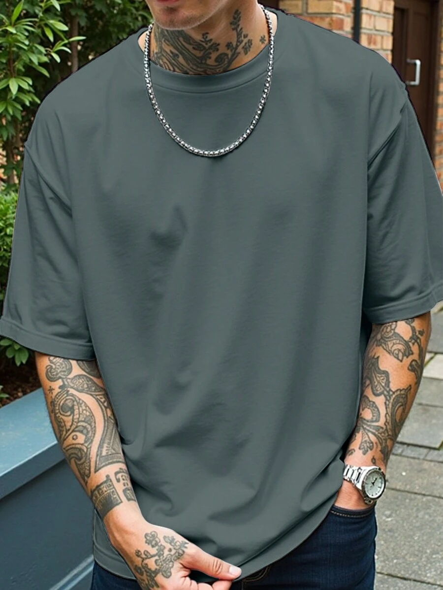 Manfinity Homme Plus Size Men Plain Round Neck Short Sleeve Casual T-Shirt - Green - View 1