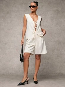 SHEIN BAE 女士优雅纯米色无袖面料系带蝴蝶结宽松背心、女士情人节装、女士生日装、女士夏季装、女士沙滩装 - 米色 - 查看 3