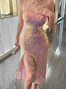 DAZY Vestido largo con tirantes finos y decoración de lentejuelas minimalista para mujer, vestido de fiesta, vestido de graduación, vestido elegante de mujer para Año Nuevo, vestido brillante de carnaval - Multicolor - Ver 5