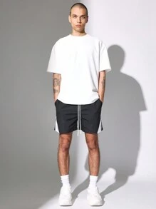 SUMWON 运动性能尼龙短裤，侧面拼色设计，速干健身跑步训练慢跑夏季春季运动短裤，带抽绳 - 黑與白 - 查看 3