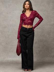 SHEIN BAE Solid Color Sexy Sheer Red Lace V-Neck Bodycon Flared Long Sleeve Women's Top For Summer Holiday, Date Night, Singles Party Valentine's Day Outfits Nashville Outfits - Red - View 6