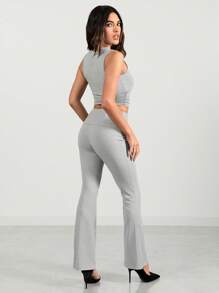 Glamine Women's Solid Color Sexy Tight Sleeveless Tank With Square Neck And Fashion Tight Flared Two-Piece Suit, Suitable For Club Wear
