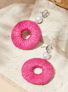 SHEIN VCAY Handmade Bohemian Raffia Dangle Earrings With Faux Pearl For Valentine's Day