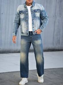 Manfinity Homme 男士前扣长袖口袋简约休闲牛仔夹克 - 淺色水洗藍 - 查看 3