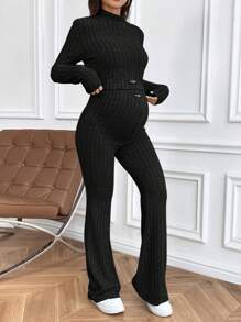 SHEIN Bộ 2 món áo crop top cổ bẻ và quần ống loe cho bà bầu, trang phục bó sát mùa thu - màu đen - Xem 4