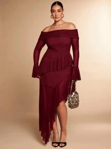 SHEIN BAE Robe longue avec une seule épaule, décoration de volant en maille tulle noire unie, fente haute, ourlet pour femmes grandes tailles au printemps, en automne et en hiver. Robe élégante et sexy, robe douce, robe romantique pour rendez-vous, robe pour la Saint-Valentin, le Nouvel An, les festivals, les fêtes