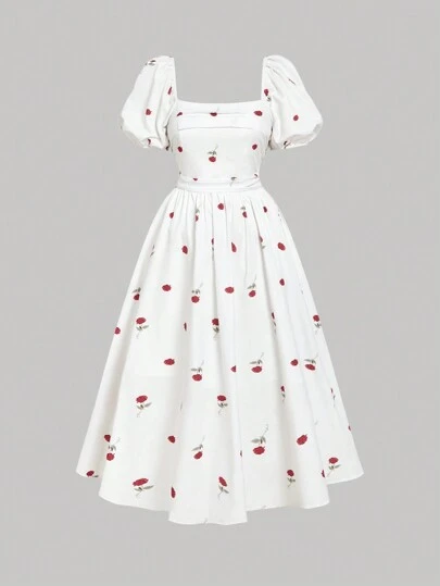 SHEIN MOD 大码白色底色玫瑰花泡泡袖高腰仙女中长连衣裙