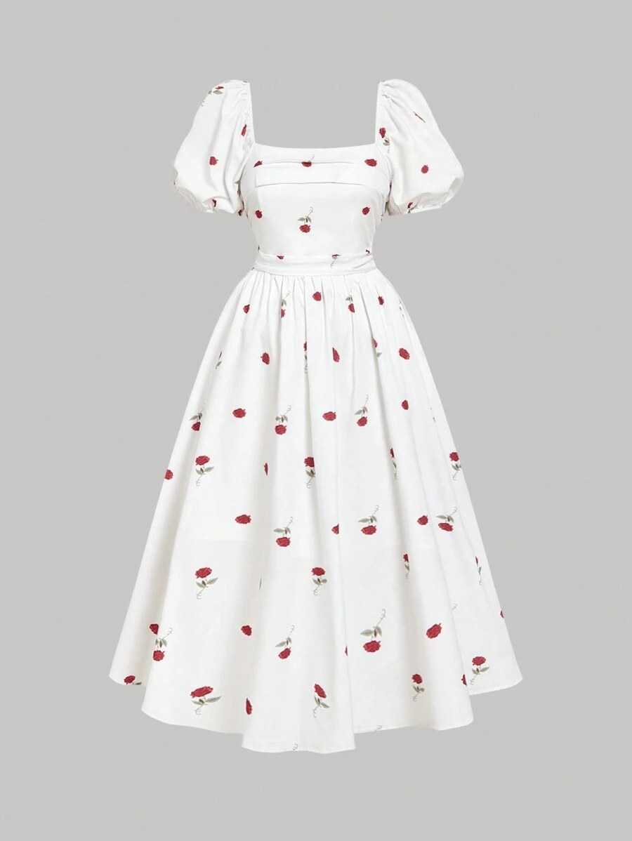 SHEIN MOD 大码白色底色玫瑰花泡泡袖高腰仙女中长连衣裙