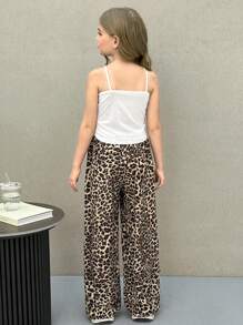 SHEIN Tween Girls Casual Streetwear Knit Camisole + Leopard Print & Ditsy Floral Wide Leg Pants 2 Pieces Set - Multicolor - View 2
