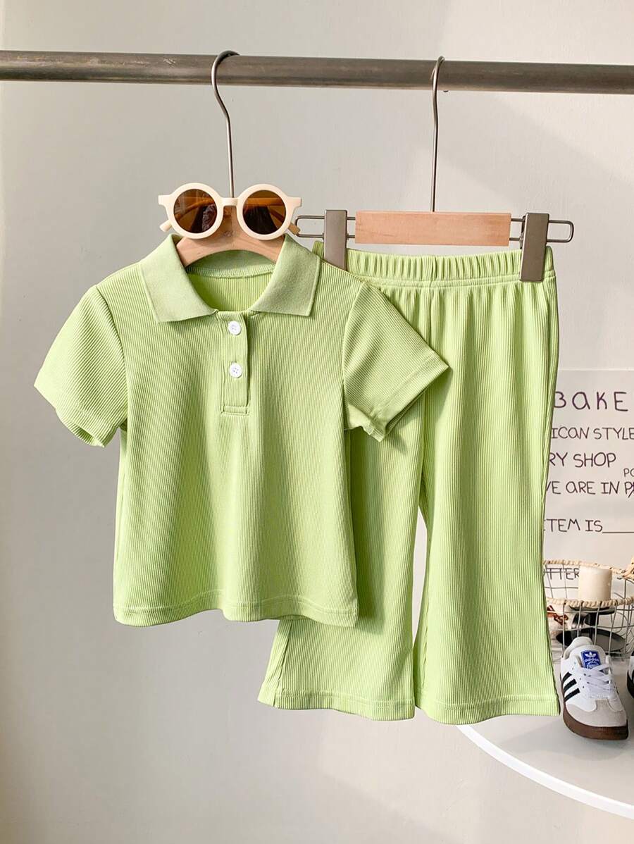 2 peças/conjunto Menina Bebê Criança Pequena 0-3 Anos Casual Versátil Verde Impressão de Frutas Malha Canelada Gola Polo Manga Curta Top e Calça Flare Conjunto, Confortável para Casa e Passeios, Primavera/Verão - Verde - Visão 1