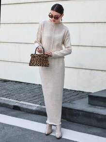 EURMUSE Sweater And Midi Skirt With Front Seam Detail - Apricot - View 5