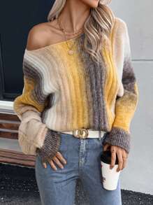 SHEIN LUNE Ombre Batwing Sleeve Sweater - Mustard Yellow - View 3