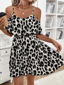 SHEIN Clasi Women's Leopard Print Shoulder Strap Ruffle Hem Strap Dress For Autumn Outing - Grey - View 6