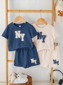 SHEIN 4pcs Set Of Baby Boy/Girl Letter Print Knit Soft Round Neck Short Sleeve Drop Shoulder Top And Elastic Waist Shorts
