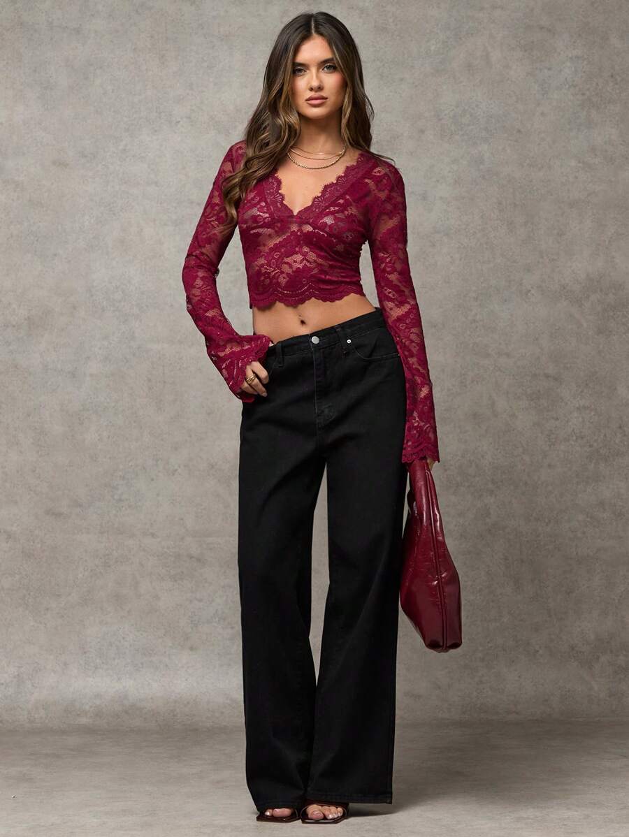 SHEIN BAE Solid Color Sexy Sheer Red Lace V-Neck Bodycon Flared Long Sleeve Women's Top For Summer Holiday, Date Night, Singles Party Valentine's Day Outfits Nashville Outfits - Red - View 1