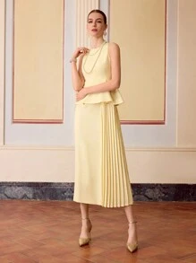 ZEYLAH VESTIDO PLISADO CON ESTAMPADO DE VOLANTES Y CONTRASTE