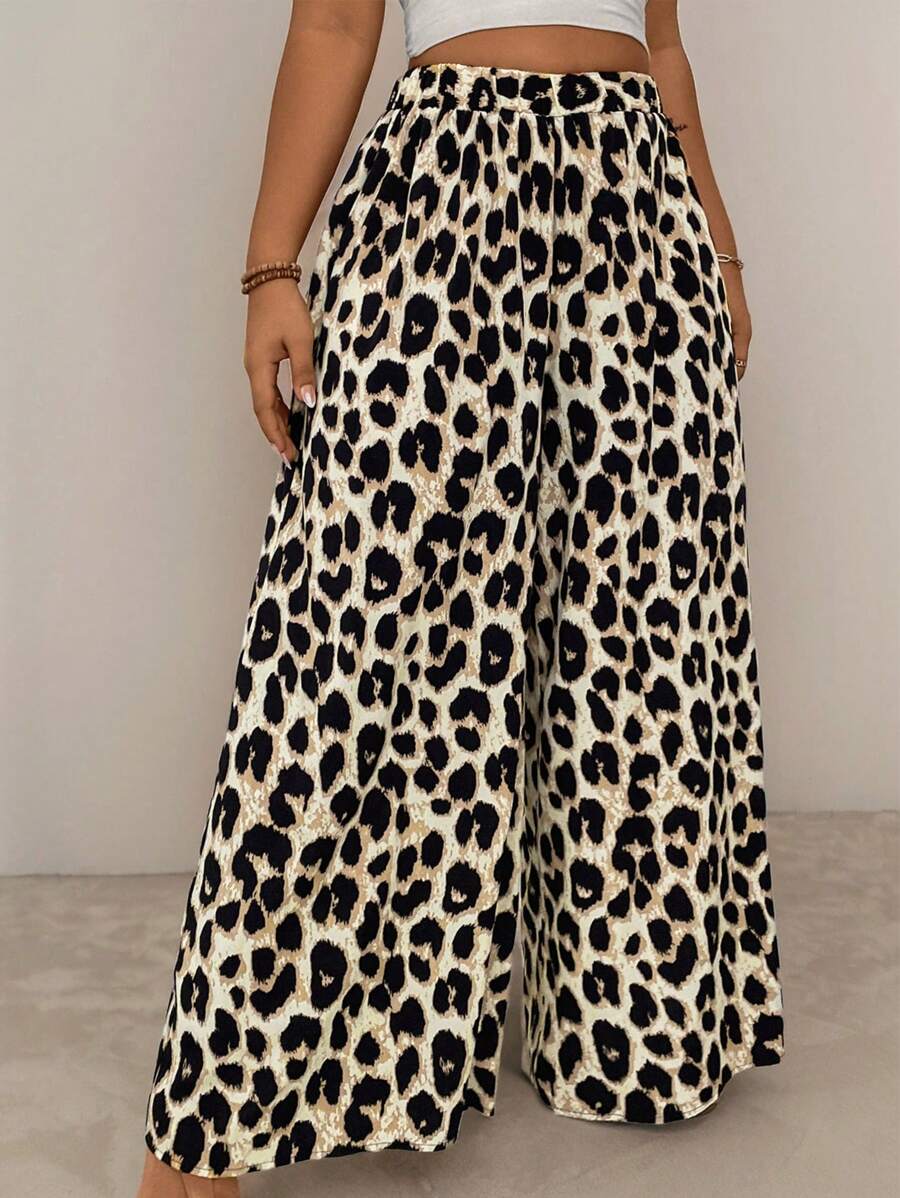 SHEIN VCAY Plus Size Casual Loose Leopard Print Palazzo Pants - Apricot - View 1