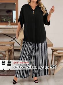 SHEIN CURVE+ Plus Size Women 2 Pieces Set Black V-Neck Short Sleeve Top And All-Over Printed Pants, Casual Holiday Outfit, Spring And Autumn,Holiday Outfits Boho