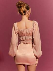 L'Amorae CHIFFON FRONT LACE UP FASHION TOP SIMPLE FASHIONABLE DAILY CASUAL - Apricot - View 3