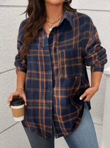 SHEIN LUNE 大码女式格子落肩长袖单排扣休闲衬衫，秋季外出上衣感恩节女装新年女装冬季女装热卖 - 彩色 - 查看 1