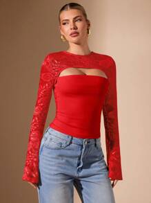 SHEIN BAE Top de punto de manga larga con cuello ahuecado de color negro sólido para mujer, básico simple y sexy con encaje empalme, adecuado para salir, citas, fiestas nocturnas, otoño/invierno - Rojo - Ver 4