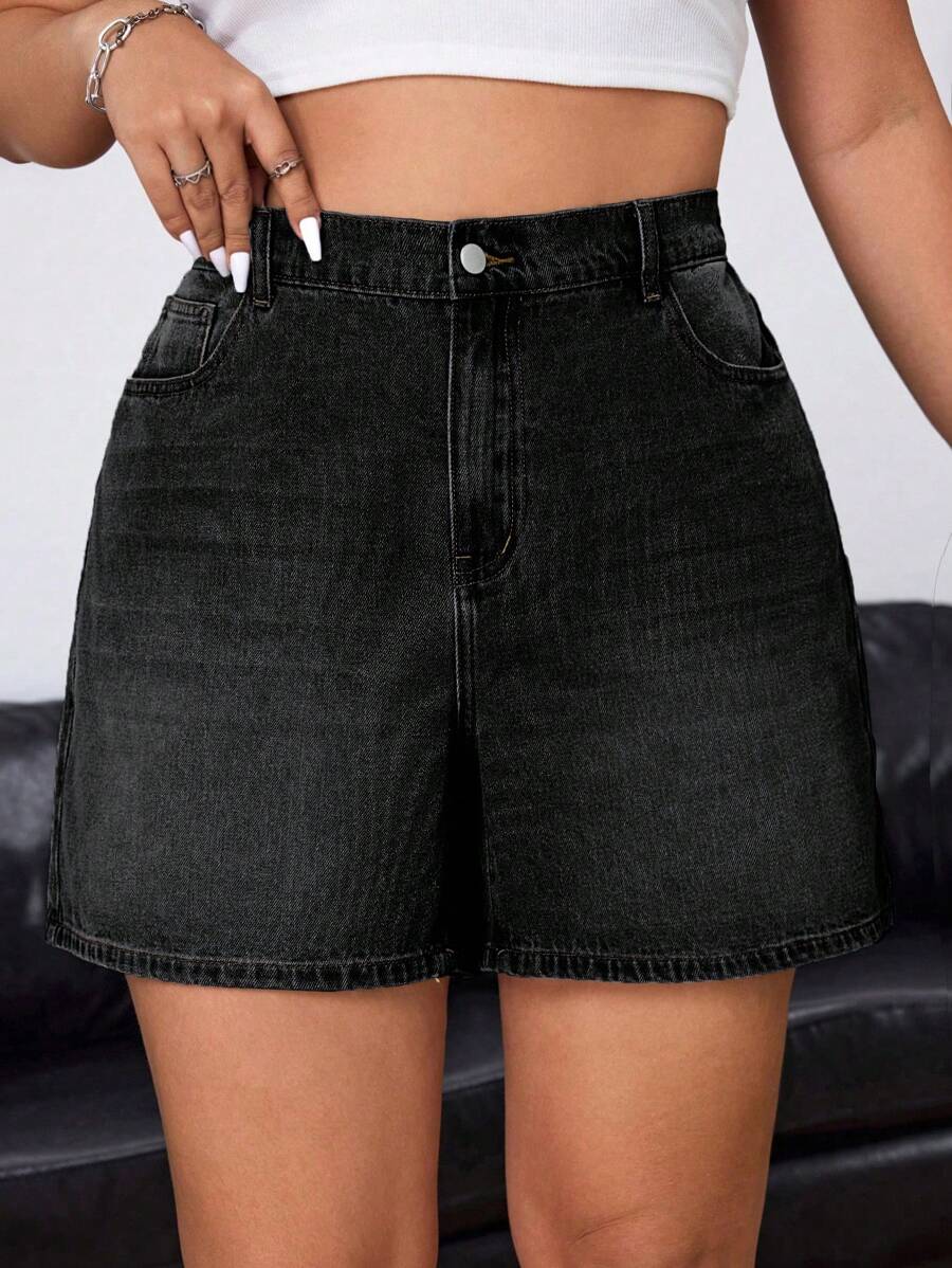 SHEIN ICON Plus Size Casual Washed High-Waist Denim Shorts - Black - View 1