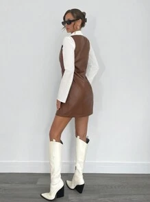 SHEIN Essnce Women's Solid Color Front Button Simple Casual Short Dress - Brown - View 5