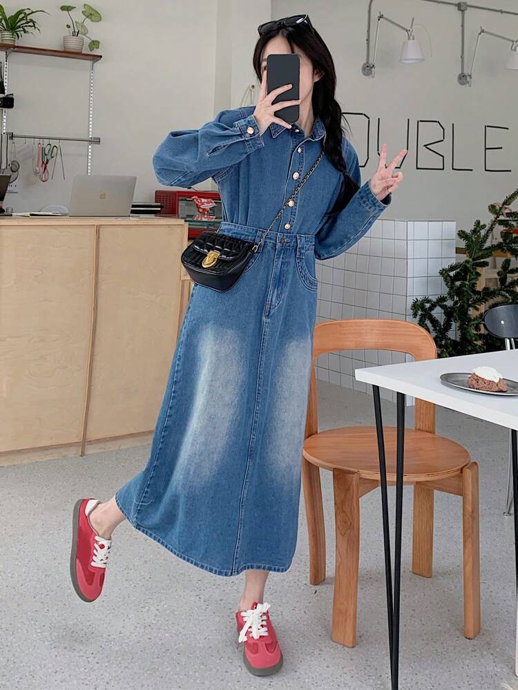 Women's Casual Washed Long Sleeve Denim Dress,Fall Clothes Maxi Dress