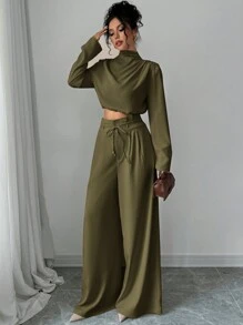 Firerie 女款绿色优雅叠领衬衫上衣阔腿裤两件套，轻盈舒适长裤套装，不对称无袖上衣两件套，教师节两件套，通勤长袖上衣两件套，女士两件套，优雅通勤休闲度假两件套 - 軍綠色 - 查看 4