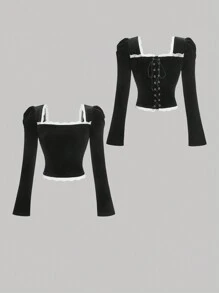 SHEIN MOD Women's Velvet Square Neck Black Long Sleeve T-Shirt, Winter T-Shirt,Old Money T-Shirt,Old Money Style Women,Rave Outfits Festival,Square Neck Top,Cute Top,Birthday Outfits For Women,Retro T-Shirt, Clothes Women,New Years T-Shirt - Black - View 1