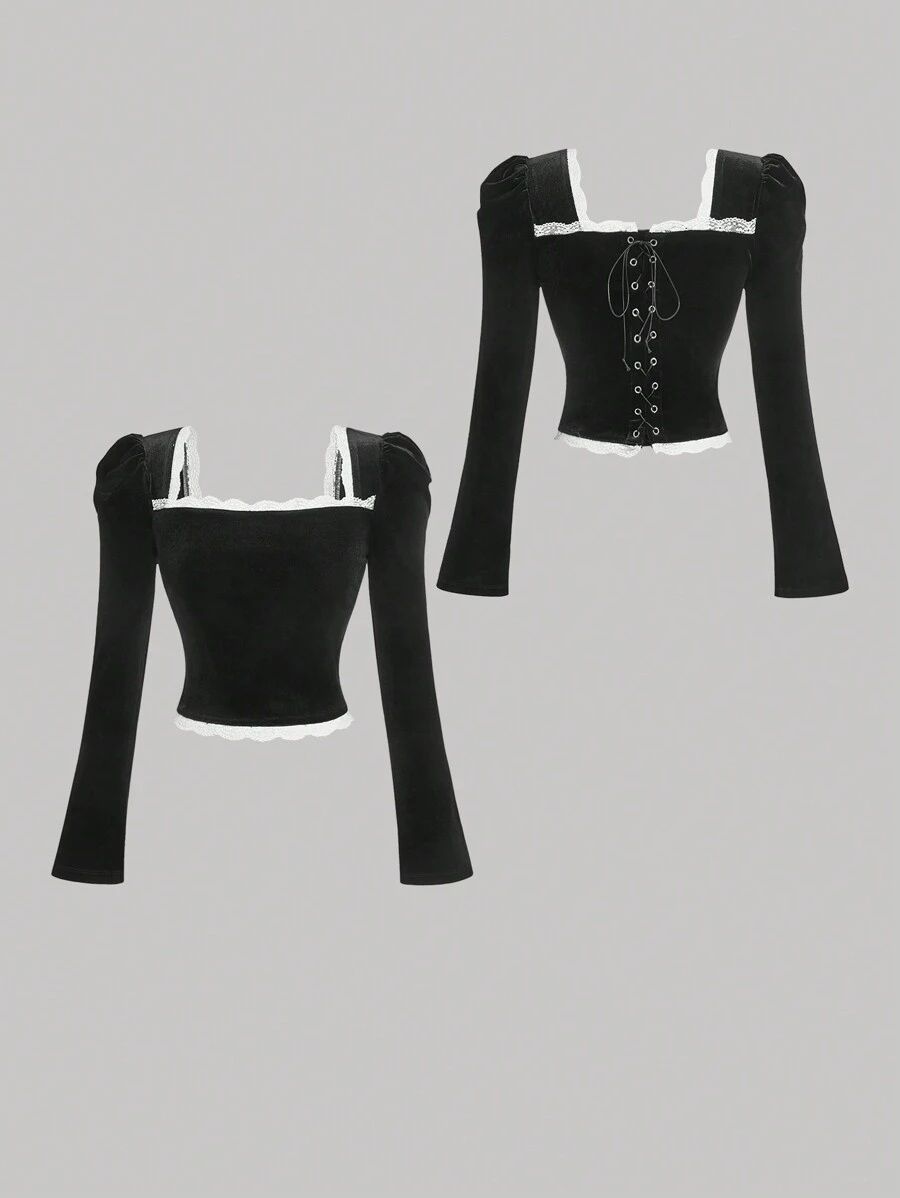 SHEIN MOD Women's Velvet Square Neck Black Long Sleeve T-Shirt, Winter T-Shirt,Old Money T-Shirt,Old Money Style Women,Rave Outfits Festival,Square Neck Top,Cute Top,Birthday Outfits For Women,Retro T-Shirt, Clothes Women,New Years T-Shirt - Black - View 1