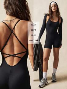 VARSITIE Tight Cross-Strap Backless Women Sports Jumpsuit & Bolero Shrug Top Two-Piece Set