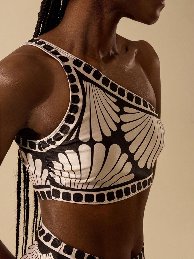 SHEIN x Eduarda Gutierrez CAJUNI 女士波西米亚风黑色和杏色贝壳印花沙滩泳装上衣和下装两件套，夏季度假装 - 彩色 - 查看 4