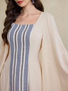 Al Najma Damen elegantes Farbblock gestreiftes Trompetenärmel Kleid im arabischen Stil, bescheidenes bodenlang Kleid - Aprikosenfarben - Übersicht 4